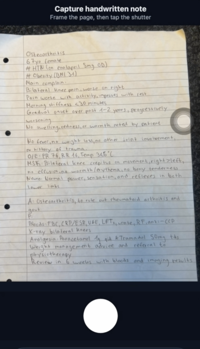 De-Paperfy mobile capture interface framing a handwritten clinical note