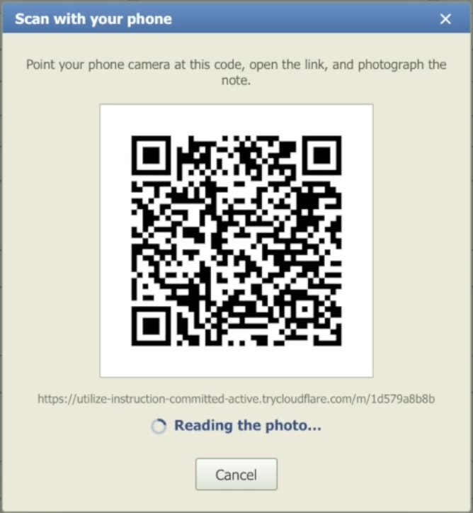 QR handoff reading the captured photo