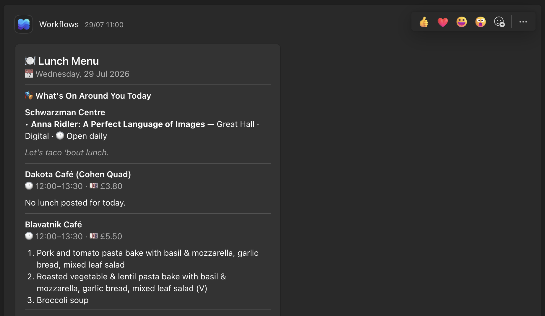 OII Lunch and Events Bot posting a daily menu to Microsoft Teams
