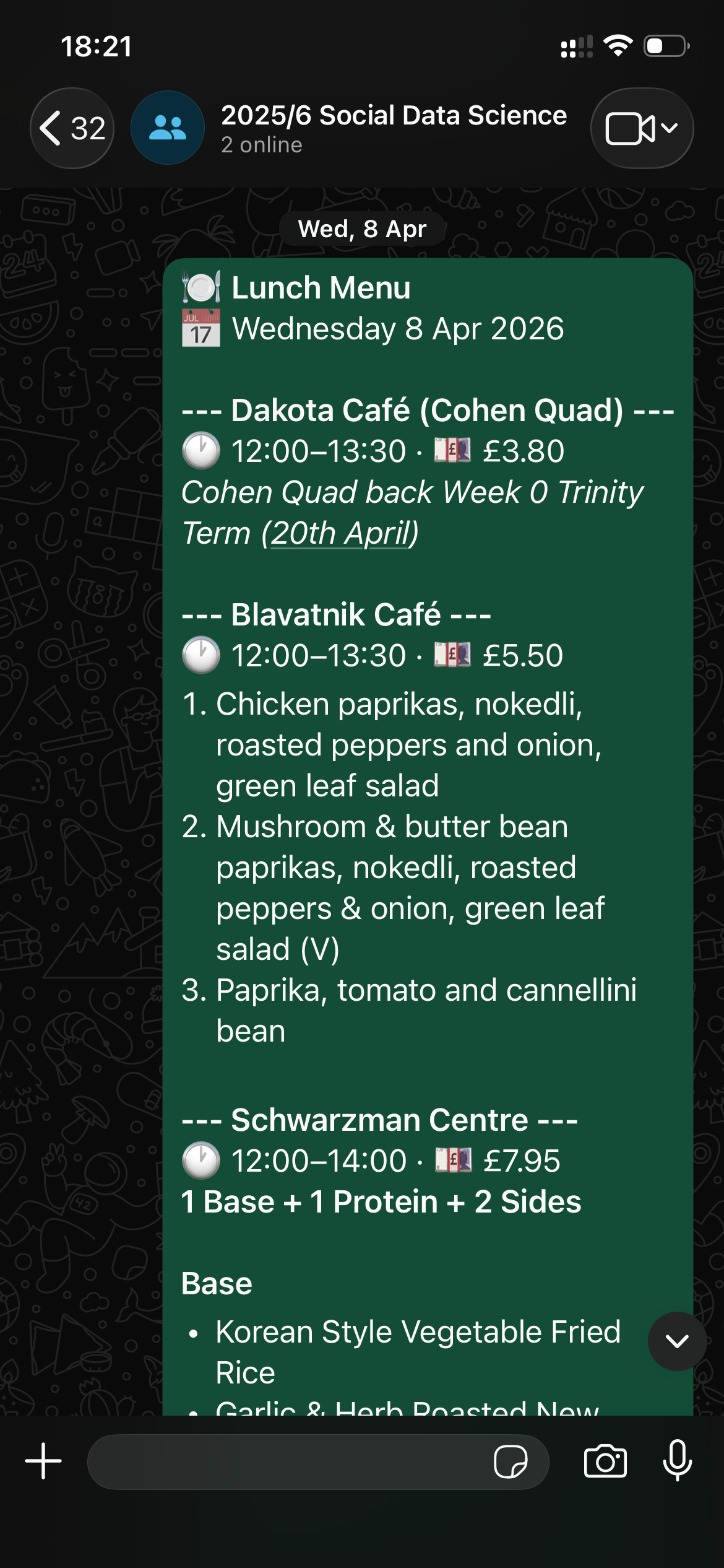 OII Lunch and Events Bot posting a daily menu to a WhatsApp group