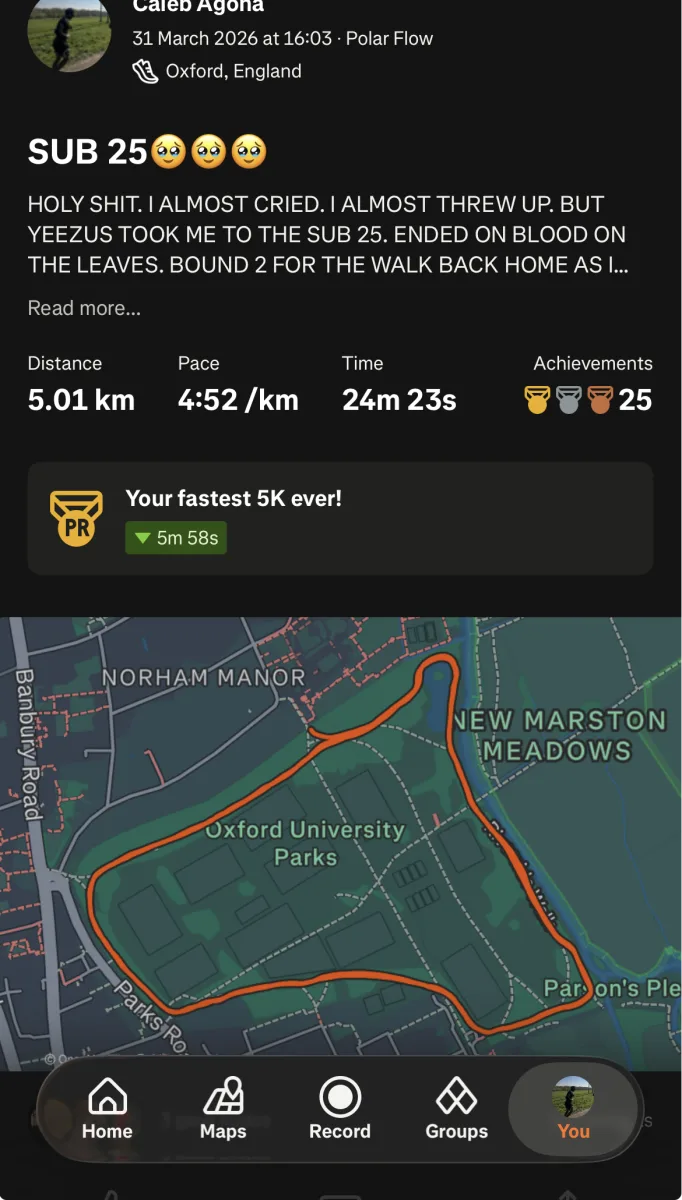 Strava activity showing Caleb’s 5 kilometre personal best of 24 minutes 23 seconds